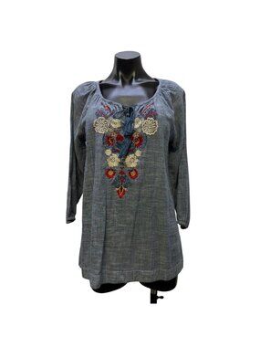 Kyla Seo Anthropologie Blouse Blue Red Floral Tie Neck Long Sleeve S